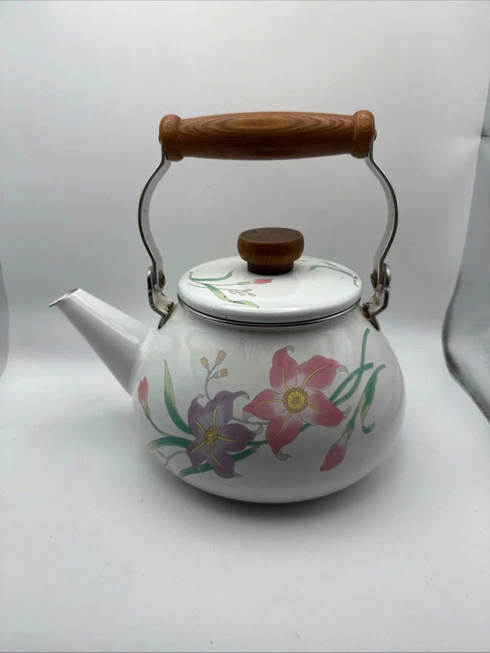 Vintage Floral Enamel Tea Kettle Wood Handle Cottagecore Farmhouse Decor Grandma